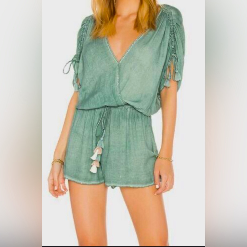 Young Fabulous & Broke YFB Ashby Tie Dye Shorts Silky Green Romper Size S NWOT